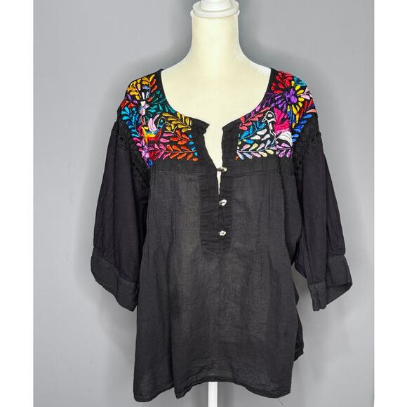 Unbranded Tops - Traditional Mexican Embroidered Black Tunic Button Down 1/4 Sleeve Bohochic